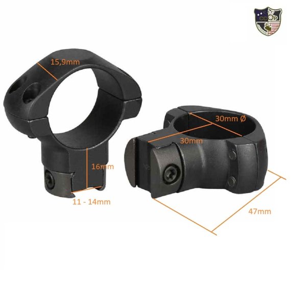 Preview: Hohe Zielfernrohr-Montage-Ringe aus Stahl mit 30mm Ø für 11-14mm Prismenschiene